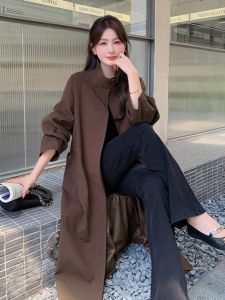 เสื้อแจ็คเก็ตสไตล์เกาหลีคอตั้งหลวมๆ สำหรับผู้หญิง ฤดูใบไม้ผลิและฤดูใบไม้ร่วง เสื้อผ้าทำงานสไตล์ K ทรงยาว สไตล์สตรีท