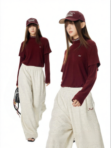 Turn Signal | Faux Two-Piece Half High Neck Long Sleeve T-Shirt