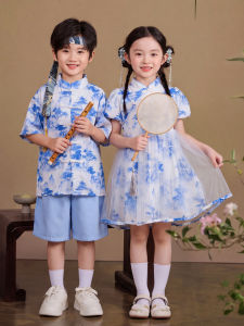 Gasvr | Children Traditional Chinese Costume Set for Summer with Landscape Pattern