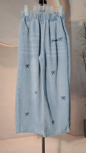 Baggy Coquette Denim Pants for Kids Girls 5-12 Years Old Christmas Party Outfit Ribbon Embroidered Design Maong Pants for Girls