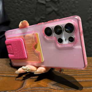 Slot Card Holder Folding Stand Phone Case For Samsung S25 S26 Ultra S24 S23 Plus Glitter Transparent Shockproof Protection Cover