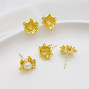 ต่างหูไข่มุกชุบทอง 14K รูปดอกไม้ รูปใบบัว ทำมือ DIY อุปกรณ์เครื่องประดับหู เครื่องประดับแฟชั่นสำหรับผู้หญิง