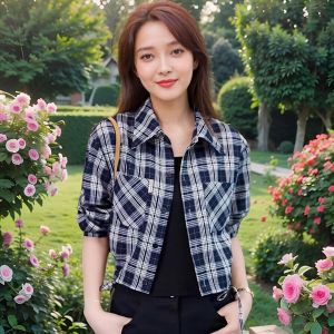 เสื้อเชิ้ตผู้หญิงทรงหลวมเอวสูงแขนยาวลายสก็อตสั้น แจ็คเก็ตฤดูใบไม้ผลิและฤดูใบไม้ร่วง แฟชั่นลดอายุ เสื้อผ้าทำงานสไตล์เกาหลี