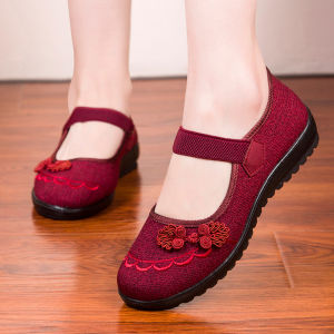 Beijing Ladies Flat Bottom Shoes Soft Sole Breathable Anti-Slip Traditional Chinese Cloth Shoes Comfortable Casual Footwear
