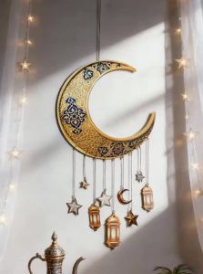 Ramadan Kareem Moon Wind Chime Islamic Star Lantern Wall Hanging Ornament for Muslim Festival Home Party Decoration Pendant Gift