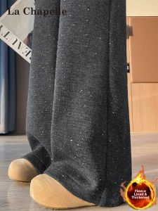 La Chapelle | Autumn Winter Warm Velvet Womens Wide Leg Wool Trousers Gray Starry Glitter