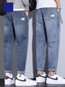 ROMON | Loose Straight Leg Light Blue Denim Jeans For Men Romon Brand Casual Elastic Summer Long Pants Mid Waist Nine Points Thin Denim