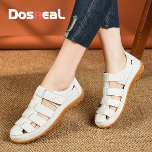 DOSREAL Flat Sandals For Women Leather Casual Gladiator Sandals Fashion Korean White Shoes Women Sandals Big Size 44 Hot Sale Flats Women Sandals