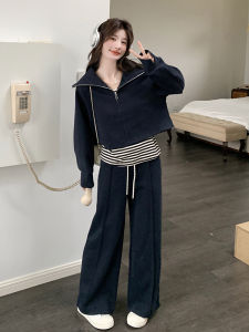 Casual Stripe Sweater Set Womens Spring Autumn New Fashion Korean Style Loose Pants Three-piece Set Dark Blue Comfortable Polyester Fiber