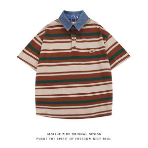 Moishe Tide Trendy Retro Denim Patchwork Lapel Polo Shirt Baby Boy and Girl Summer Loose Couple Short Sleeve T-Shirt