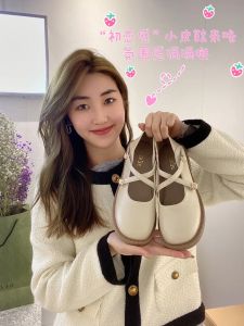 Black school shoes for women fashion flat mary jane shoes beige cross buckle doll shoes
