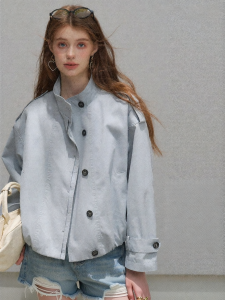 KUHNMARVIN | 100% Cotton Stand Collar Korean Style Shoulder Buckles Drawstring Loose Trench Coat for Work Wear Autumn