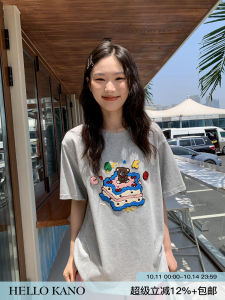 Hello Canon Original Little Bear Towel Embroidery Short Sleeve Womens T-shirt Loose Slimming Pure Cotton Summer Top