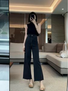 Quần Jeans Ống Rộng Cạp Cao Cho Nữ Mùa Hè 2025 Quần Jeans Denim Rộng Rãi Thường Ngày Có Nút Cài Màu Đen Quần Ống Rộng
