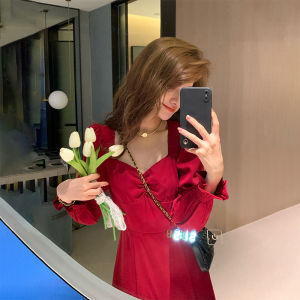 ชุดเดรสยาวสีแดงแขนยาวสไตล์ฝรั่งเศส ชุดกระโปรงเอวสูง ชุดนางฟ้า ชุดเดรสยาว ชุดเดรสแฟชั่นสำหรับผู้หญิง ชุดทำงาน