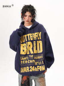 BWKA | Retro Lettering Hoodie Women Casual Loose Navy