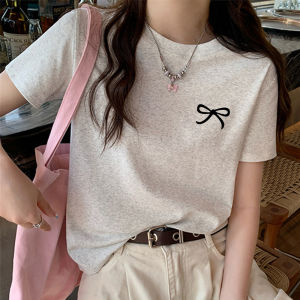 Pure Cotton Grey Casual Short Sleeve round Neck T-Shirt Womens Summer New Style Versatile Loose Fit Classic Print Top