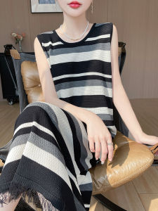YUEXINYIRONG | French Ice Silk Striped Fringe Sleeveless Knit Dress