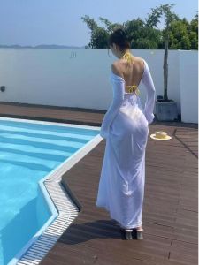 1R STUDIO Holiday Style Backless See through Long Sleeve Dress Beach Bikini Matching Long Sleeve Fake Smock Skirt