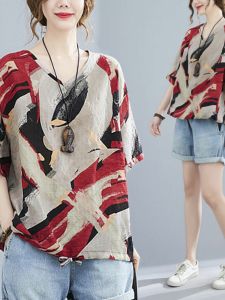 Loose Abstract Print Cotton Linen Short Sleeve T-Shirt Womens Summer Fashionable Age-Defying Necktie for plus Size MM