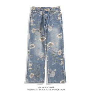 Printed Wide Leg Straight Cut Jeans Men Summer American Hip Hop High Street Cleanfit Trendy Brand Jeans Cotton Micro Stretch