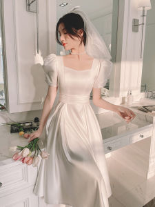 French Satin White Small Size Evening Dress for Women Slimming A-Line Skirt Short Sleeve Korean Style Wedding Ceremony Party Dress