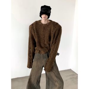 Retro American Knitwear Mens Lazy High-End Wide Shape Tassel Sweater Coat Casual Loose Fit Metal Decoration Shoulder Pad