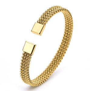 VQYSKO 8MM Woven Flat Mesh C-Shaped Open Bracelet Vintage Stainless Steel Chain Jewelry Women Men Gift Waterproof