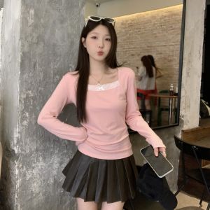 Áo Thun Dài Tay Cỡ Lớn Cho Nữ Đầu Thu Mới Dáng Rộng Cổ Vuông Ren Viền Áo Lót Phong Cách Nhỏ Hương Thơm