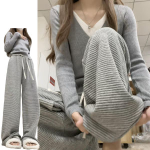 เอวสูงลายถักลําลองกางเกงข้าวสําหรับผู้หญิงฤดูใบไม้ผลิฤดูใบไม้ร่วง 2024 ใหม่สไตล์เกาหลีขี้เกียจขนาดเล็กแลดูผอมกางเกงขาตรงนุ่ม