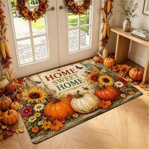 VIKAMA Rustic Autumn Pumpkin Sunflower Floral Doormat Washable Non Slip Floor Mat For Front Porch Household Home Decoration