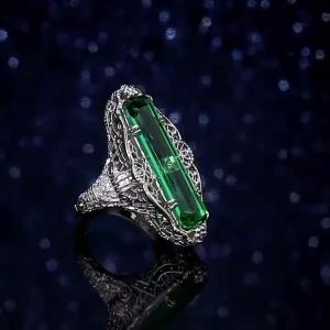 Huitan Gorgeous Green CZ Rings Women for Wedding Ceremony Party Hollow Out Flower Pattern Anniversary Gift New Fashion Jewelry