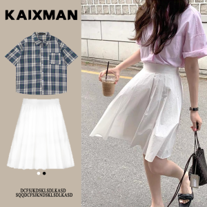 High Waist A-Line Mini Skirt Womens Spring Summer New Style Korean Style Pleated Cotton Polyester Blend Mid-Length Skirt