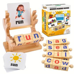 Wooden Phonics Reading Blocks for Kids Ages 3-5 – CVC Word Builder with Flash Cards Montessori Educational Toy for Preschool & Kindergarten