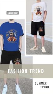 #ชุดเสื้อยืดกับกางเกงขาสั้นแฟชั่นผู้ชายผ้ายืดตัวใหญ่ดีใส่เทียวใส่ออกกำลังกาย{ราคาพิเศษ}+มีบริการเก็บเงินปลายทาง=สกรีนลายพี่หมีอวกาศ ลายน่ารัก สายเลิฟอวกาศห้ามพลาด !