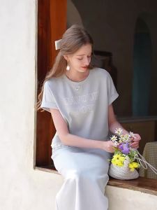 XIANGYING | Blue Casual Set Dress Lace Splicing T-shirt Mid-length Skirt