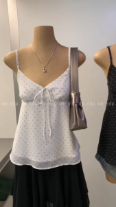 [SẴN LOẠI 1] Đen/ Trắng Vải voan chấm bi Full lót Áo 2 dây điều chỉnh cột nơ lưng chun basic gợi cảm sang xịn WGWE W9701