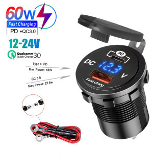 60W PD QC3.0 Car Charger Socket with Voltage Meter Quick Charge 3.0 Socket Power Outlet for 12V/24V Motorcycle Truck Boat