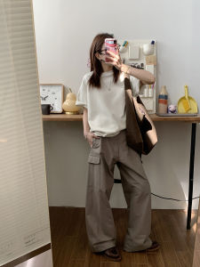 NIZONDAYS Casual Natural Waist Workwear Pants Womens Straight Leg Long Trousers Spring Autumn New Style Simple Design Pocket Detail