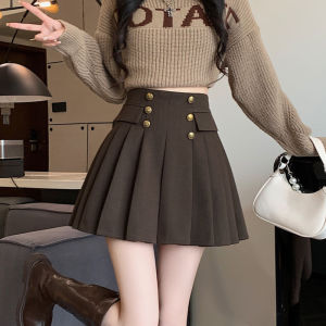 Retro Buttoned Woolen Skirt High Waist Slim A-Line Pleated Korean Style College Atmosphere Half Skirt for Women Autumn Spring