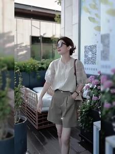 XUNYI | Áo Blouse Voan Ren Tay Ngắn Có Túi Phồng