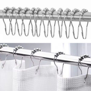 12-60pcs Rollerball Stainless Steel Curtain Hooks / Universal Metal Shower Curtain Rings Hooks / Household Rust-proof Gourd Shower Curtain Hook