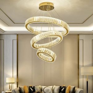 [Tricolor Light+Remote]  4Rings Gold Crystal Chandelier Living Room Pendant Lights 126 Watts Stainless Steel Villa Chandelier Ceiling Light