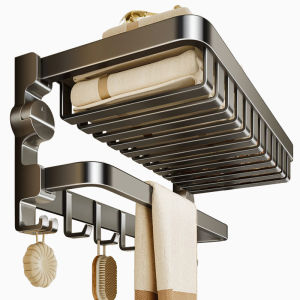 Space Saving Bathroom Towel Rack Set Integrated Storage Foldable Towel Holder No Drilling Required Aluminum Material