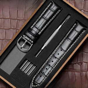 Woalmorn | Mens And Womens Leather Watch Band White Line Style Butterfly Buckle Compatible With Tangente Longines Citizen DW Black Brown
