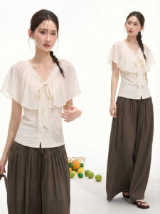 HTMEME | Korean Style Bow V-Neck Ruffled Blouse