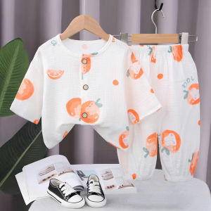 Lightweight Cotton Flannel Home Clothes Set Short Sleeve Air Conditioner Sleepwear for Boys And Girls Childrens Summer Home Clothes