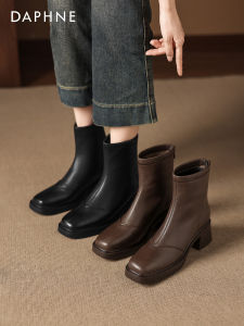 Daphne Brown Leather Boots High Heel Womens Short Martin Boots Fashionable Autumn Winter Solid Color round Toe Rubber Sole