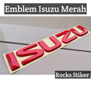 Emblem Logo mobil trek tulisan ISUZU elf kabin depan warna merah sudah dilengkapi dengan perekat sehingga tinggal pasang saja / Emblem ISUZU merah