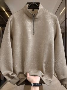 HENGYUANXIANG | Hengyuanxiang Mens Long Sleeve Zipper T-Shirt Texture Base Shirt Spring Autumn New Style Fashion Urban Loose Fit Polyester Spandex